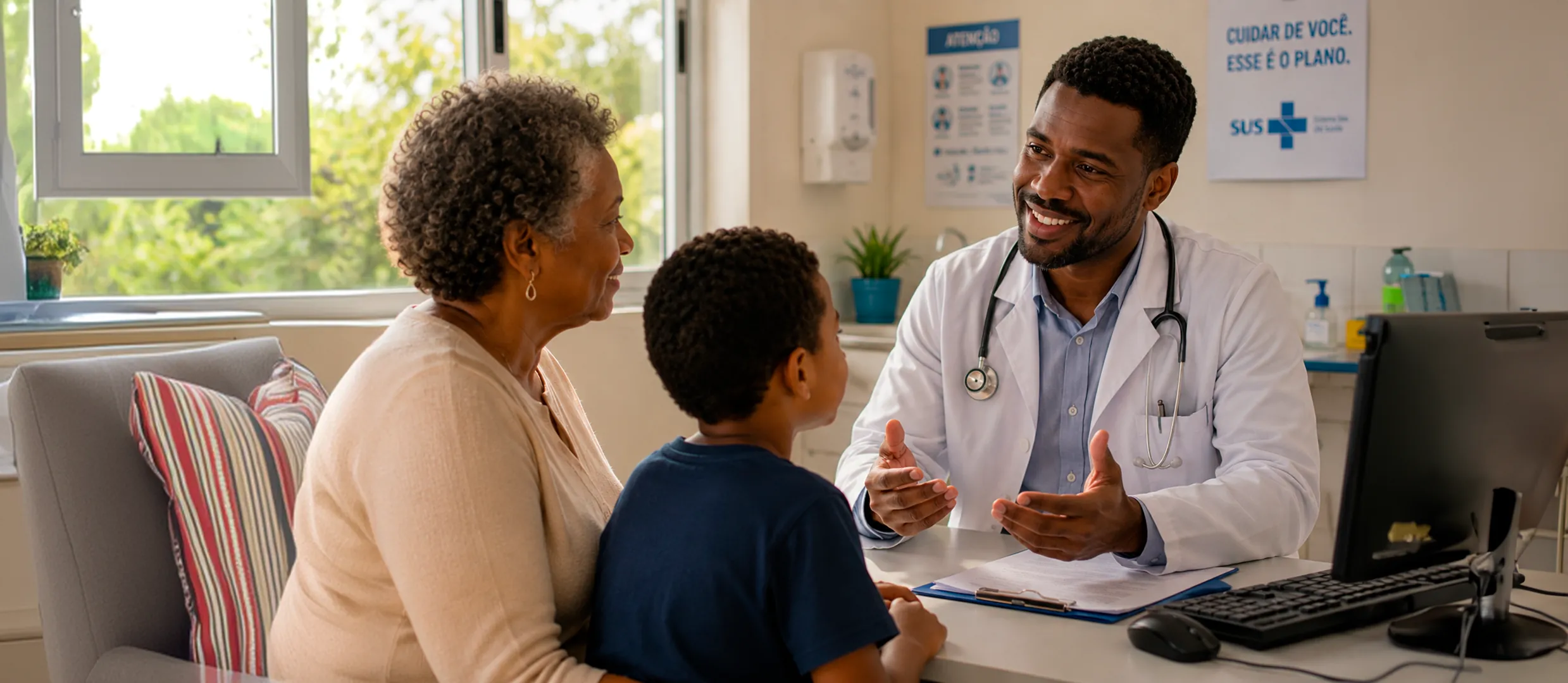 Médico sorrindo conversa com um menino e uma idosa em um consultório
